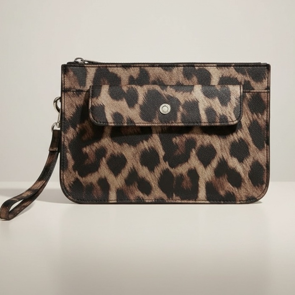 DANIER Saffiano Leather Leopard Wristlet Clutch Bag Animal Print Pocket Organize